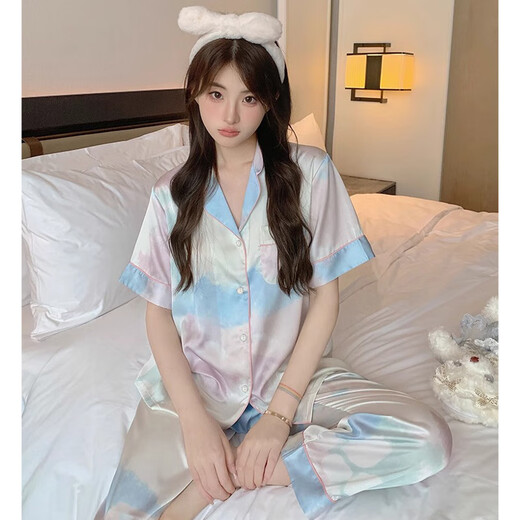 港莲娅冰丝睡衣女夏季薄款感短袖长裤三件套休闲宽松网红家居服外穿 l9214短袖短裤 M  建议80-100斤
