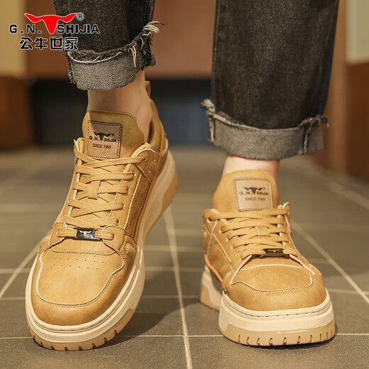 Bull Family Herrenschuhe, Frühlings- und Herbst-Retro Workwear-Schuhe, Herren-Low-Top-dick-gesetzte lässige Lederschuhe, Weizenfarbe 40