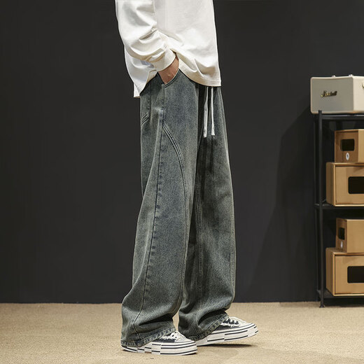 Foss Phil American fashion brand scimitar jeans men's summer thin straight-leg loose high street casual sports wide-leg pants Fashion brand 718-K760 nostalgic blue regular M [Suggested 110-130Jin [Jin equals 0.5 kg]]