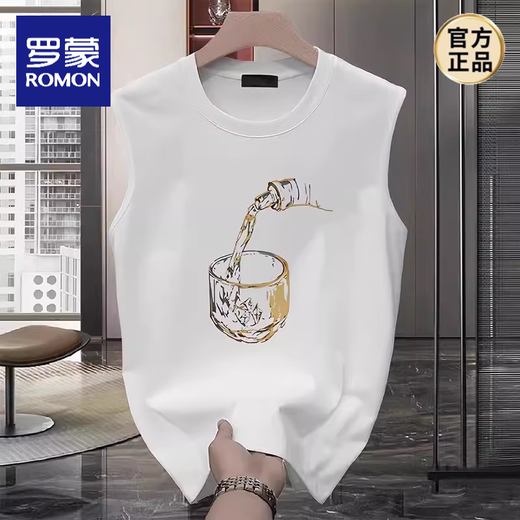 罗蒙（ROMON）新款重磅棉质无袖背心创意酒杯印花T恤夏季潮流百搭男士坎肩上衣 白色【背心前中大图K835 CMOTION M 建议80-105斤