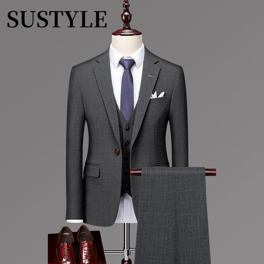 SUSTYLE high-end luxury men's suit men's suit spring and autumn business casual suit slim groom wedding three-piece suit black XL