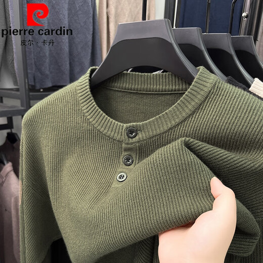 Pierre Cardin Henry collar T-shirt men's long-sleeved spring and autumn new jacquard inner layering shirt three-button round neck men's knitted sweater wool T light rice Q-19227 XL 52