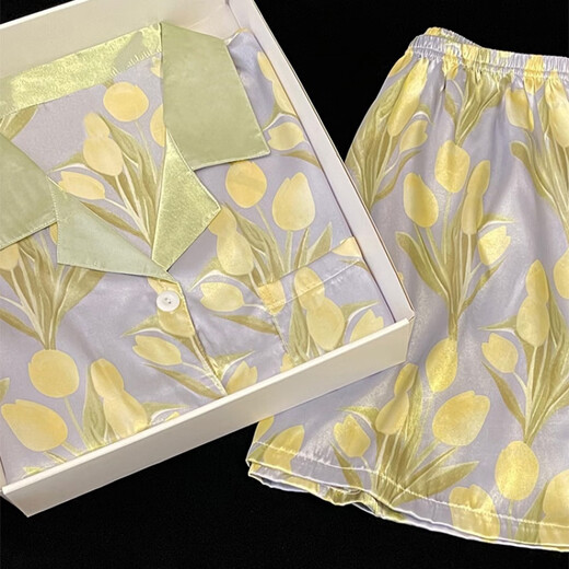 Xuan Mulin Tulip Pyjamas für Frauen im Sommer Dünneis Seiden kurzärmelige Damen große Heimkleidung SDX#9902 Grüne Tulpen kurzärmelige Shorts M 75-95jin [Jin gleich 0,5 kg]