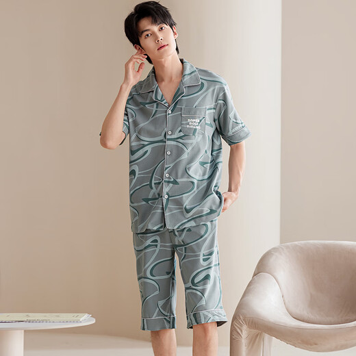 Yalu pajamas men's pure cotton summer shorts shorts 2025 new summer men's home clothing set large size for outside wear NSALM-LMSJ9227 L (recommended 100-125 Jin [Jin equals 0.5 kg])