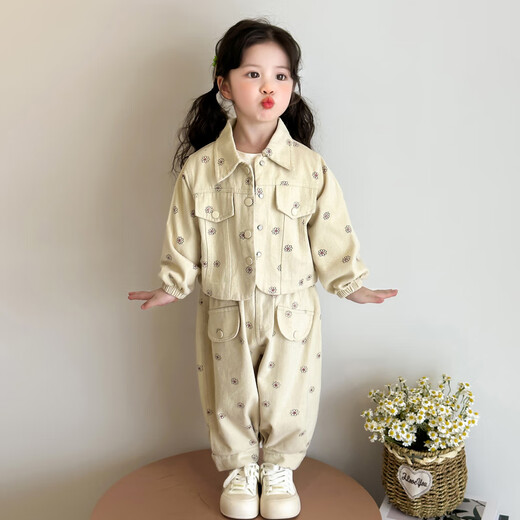 La tarjeta de la tarjeta es para el traje de niñas primavera y otoño 2025 ropa nueva para niños de la chaqueta de trabajo casual de la niña de la niña de dos piezas de dos piezas de loto rosa rosa y traje de otoño de 110 cm recomendado para 3-4 años (aproximadamente 105 altura)