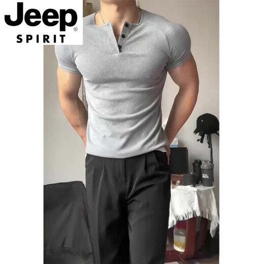 JEEP SPIRIT Floral Gray Slim Waist Henley Short Sleeve Men's Summer American Heavy Muscle Showing T-Shirt Fitness Basement Shirt Light Gray Upgraded Model 90% Buyers Choose M Suitable for 100-120 Jin Jin equals 0.5 kg
