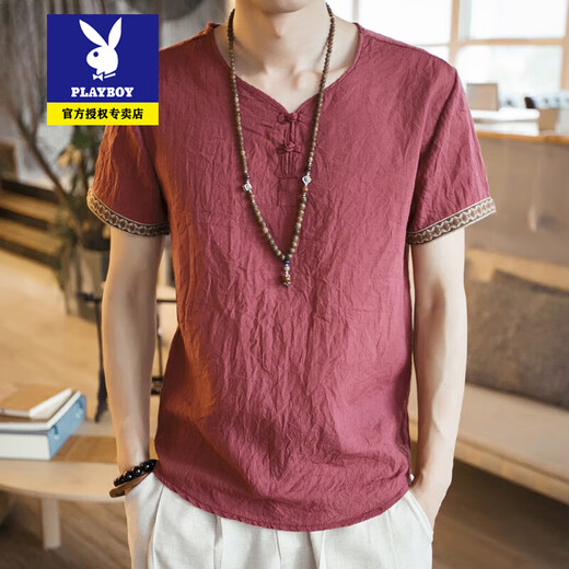 
Playboy Tang suit men short-sleeved men summer thin youth Chinese style retro buckle half-sleeved T-shirt Chinese style ancient style men's clothing 686 meters white M Reference 85-100Jin [Jin equals 0.5 kg]