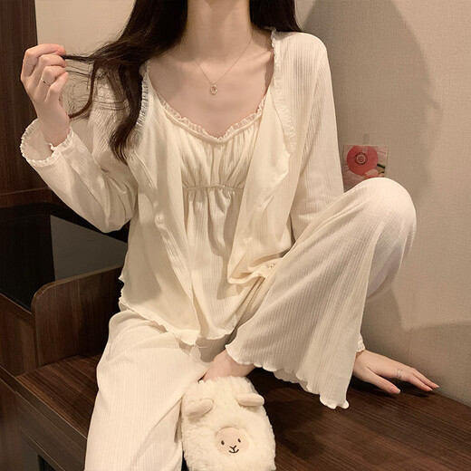 Pyjama modal pour les femmes au printemps et aux vêtements d'automne pour l'été Nouveau décontracté pure et sexy décontracté avec poitrine en dentelle à trois pièces T831 petite dentelle cerise avec 2xl