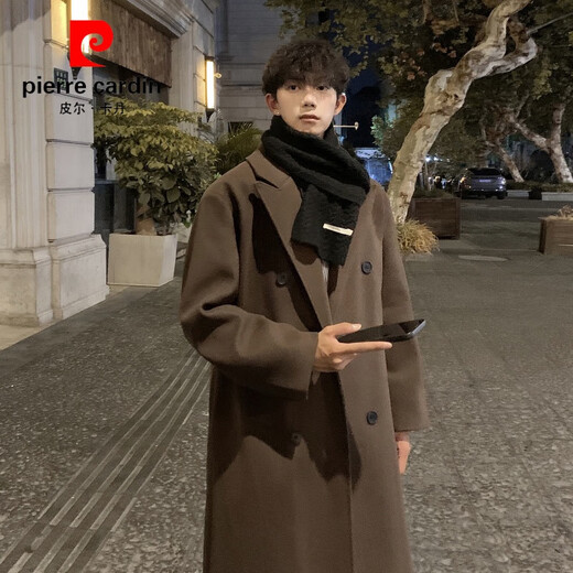 Pierre Cardin Korean style winter trendy thickened woolen coat men's British style 2024 casual extra long over-the-knee woolen windbreaker jacket black 3XL