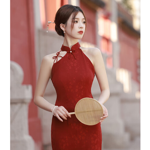 Jialong Mingxiu New Chinese Style Halter Dressing Dress Toast Wear Bride Cheongsam Small Improved Young Engagement Wedding Dress Women Summer Red S