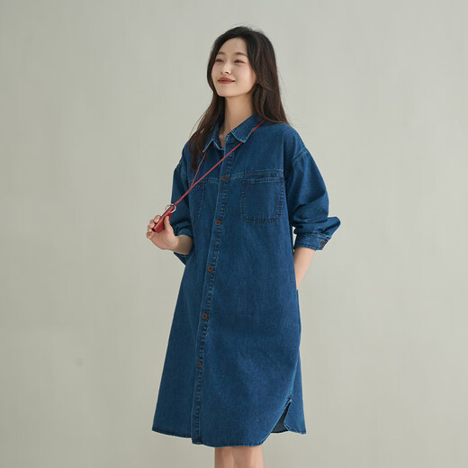 October Mommy Maternity Denim Skirt 2025 Spring and Autumn Retro Washed Denim Shirt Korean Style Loose Casual Mid-Length Maternity Skirt Dark Blue One Size (L size recommended 160Jin Jin is equal to less than 0.5kg)