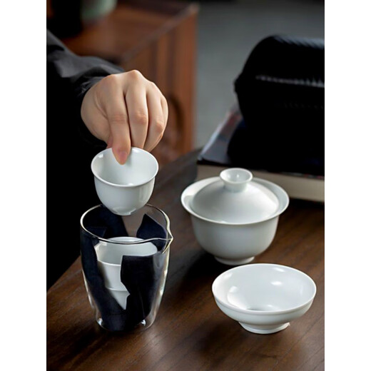 Pupan Kung Fu Cup white porcelain outdoor camping tea set Dehua tea leak tea set travel portable cover reverse buckle cup 3+covered bowl+glass male cup+T gray bag
