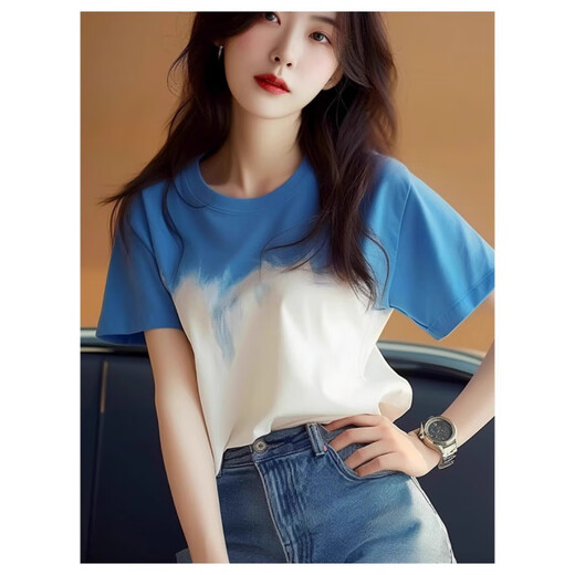 Wanmanduo 2025 Summer NUEVA Camiseta de manga corta azul y blanco Tie-dye para las tops únicas de las mujeres se ve delgada y moderna y de la edad.