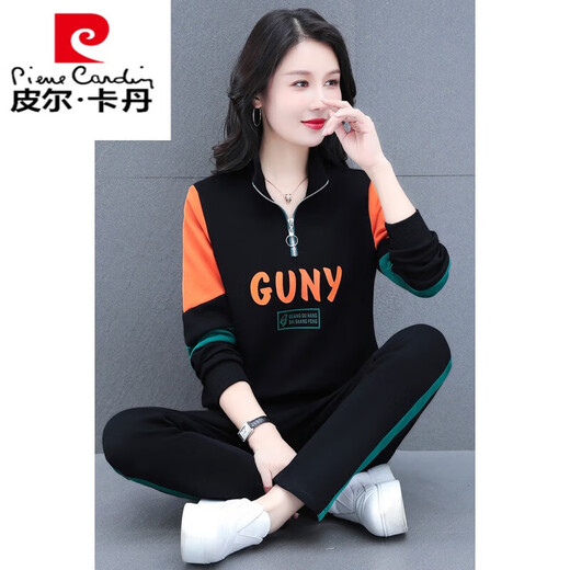 皮尔卡丹加厚加绒休闲运动服套装女2025年春秋新款时尚长袖立领卫衣两件装 THF9929黑色 M (80-95斤)