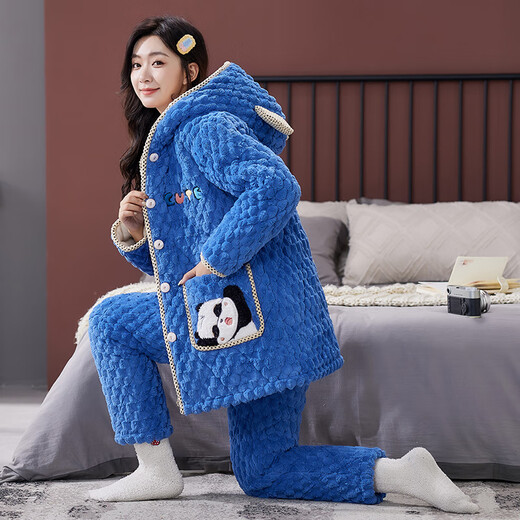 Pyjamas von BEIXINGTONG für Frauen mit dreischichtiger Baumwolle im Winter und samtdickter Korallenmerze Neues Flanell warmes Kapuze-Kleidungsstück [2 Teile) BXT-6636 XL [Vorgeschlagen 115-140jin [Jin gleich 0,5 kg]]