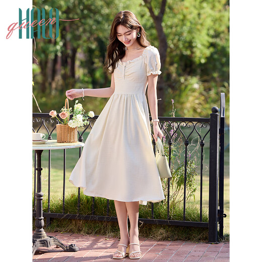 Halo Queen短袖连衣裙女夏季法式甜美风长裙泡泡袖小众气质连衣裙H52Q006