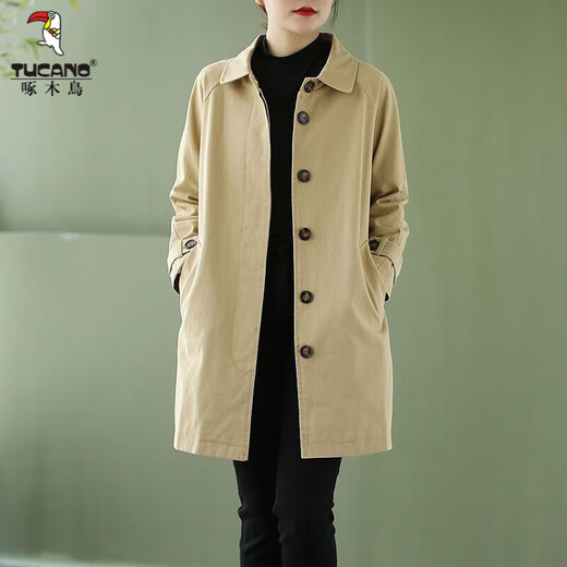Woodpecker Washed Pure Cotton Windbreaker Women's Medium Long Korean Style Large D Size Loose Cape Coat Spring and Autumn Slim Thin Jacket Khaki XL Recommended 125--135Jin Jin is equal to 0.5 kg