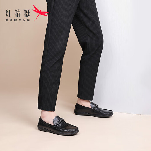 红蜻蜓牛皮豆豆鞋男鞋套脚皮鞋男士商务休闲鞋男乐福鞋WLA150591黑色40