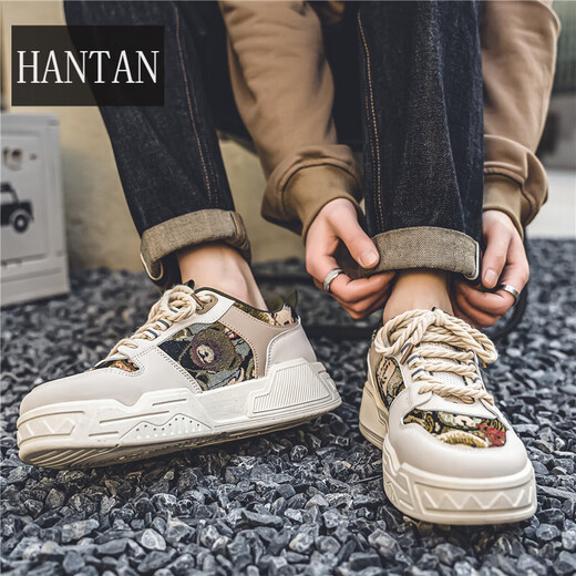 韩谈男鞋秋季透气百搭休闲设计感小众板鞋男士运动厚底增高帆布潮鞋子 米卡其 42