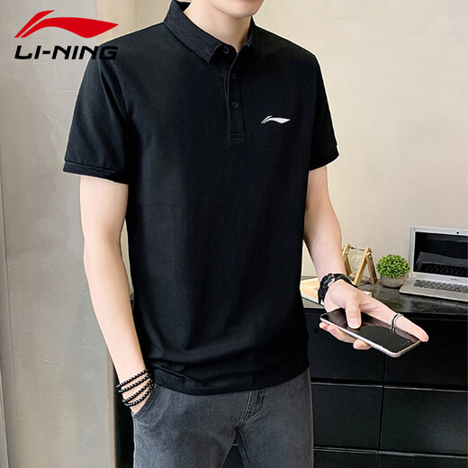 李宁运动套装polo两件套夏季新品宽松透气跑步服男士健身运动服 经典黑(束口+棉质款) 2XL/185