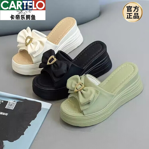 卡帝乐鳄鱼（CARTELO）高跟拖鞋女夏厚底外穿时尚仙女风坡跟一字拖百搭蝴蝶结松糕凉拖鞋 黑色 37