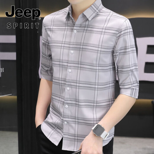 JEEP SPIRIT美式高端新款夏季弹力冰丝七分袖衬衫抗皱免烫薄款男士中袖衬衣潮 682-白色 M 80斤-100斤