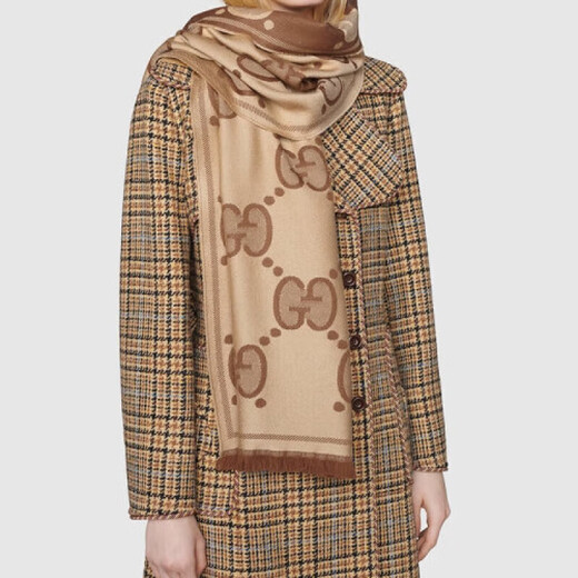 古驰（GUCCI）羊毛GG印花保暖绒线双面围巾男女同款送男女友同价618 米色581537 3G200 9764