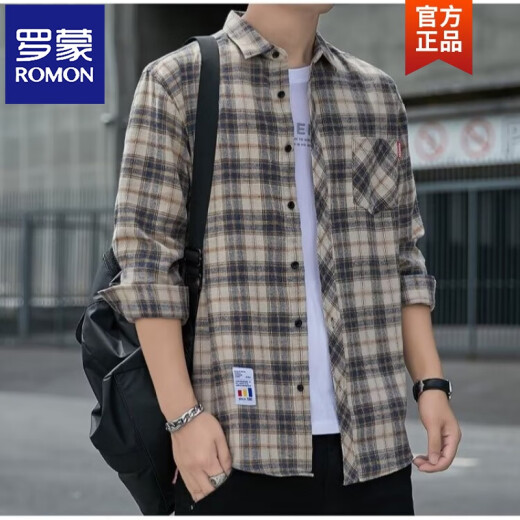 ROMON plaid casual shirt men's spring and autumn long-sleeved shirt Korean top retro loose summer thin jacket K12109 green (with fleece XL 125-145Jin [Jin equals 0.5 kg]