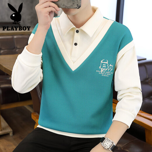 Playboy (PLAYBOY) shirt collar sweatshirt men spring and autumn two-piece spliced casual long-sleeved T-shirt teenager student base shirt men 679 khaki XL about 135-150 Jin [Jin equals 0.5 kg]