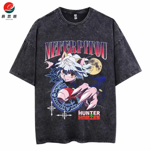 爵思朗动漫全职猎人hunter x hunter复古做旧夏季棉水洗短袖t恤男女 水洗黑B1278 S