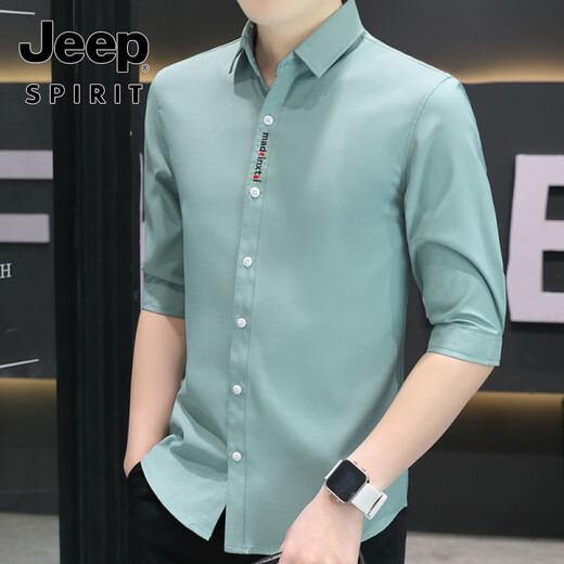 JEEP SPIRIT美式高端新款夏季弹力冰丝七分袖衬衫抗皱免烫薄款男士中袖衬衣潮 682-白色 M 80斤-100斤
