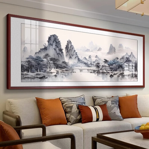Linyu living room hanging painting landscape landscape painting new Chinese style sofa background wall decoration painting tea room office mural ink painting Xianshanfudi-F style 150*60cm teak color solid wood frame texture matte oil canvas style