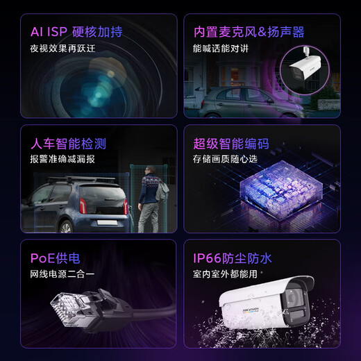 HIKVISION海康威视臻全彩2.0监控摄像头600万超清智能警戒网络摄像机语音对讲人车识别2CD3T67SWDA4-L 4MM 