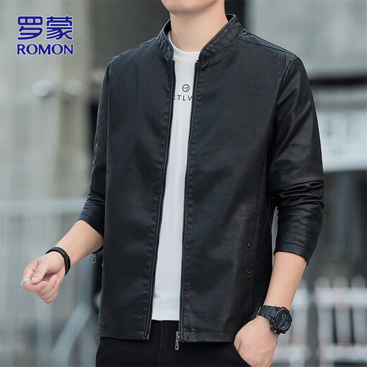ROMON Jacket Leather Men's Autumn and Winter Jacket Men's Casual Versatile Motorcycle Men's Top Black 2XL
