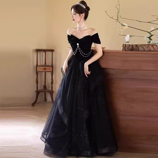 AIFANGNIAO high-end French dress women's banquet evening dress one-shoulder host light luxury niche adult ceremony student art test skirt black L