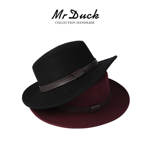 Mr DUCK French style full flat hat for women Retro calfskin webbing flat brimmed top hat for women MW362171-Enamel Burgundy (Wool Style) S(52-54cm)