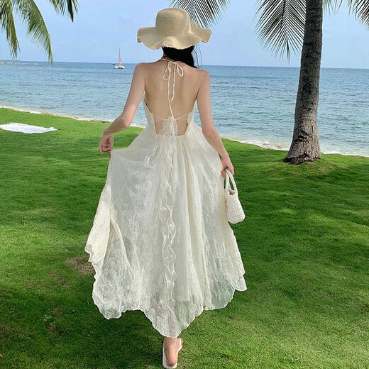 Wei Guangli Vestido de cabestro de cuello sin cuello sin cuello sin cuello para mujeres en verano 2025 Nuevo temperamento dulce Vacaciones marinas Chiffon Falda larga Halter de cuello redondeo Falda de cuello Beige M Size recomendado 80-100 Jin [Jin iguala 0.5 kg]