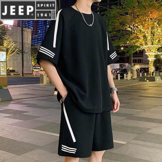 JEEP SPIRIT休闲运动套装男夏季新款宽松冰丝短袖t恤男士短裤搭配帅气一整套 FKS653白色套装 M 约90-110斤可穿