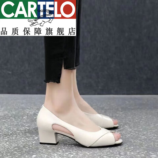 卡帝乐鳄鱼（CARTELO）品牌真皮凉鞋女夏外穿2025年新款软底单鞋鱼嘴镂空 黑色 38 米白色 36