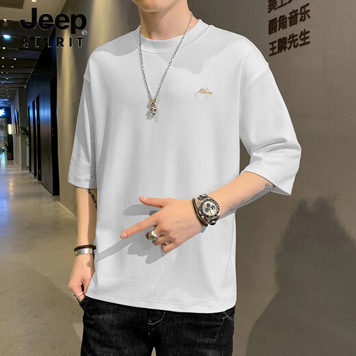 JEEP SPIRIT新款短袖t恤男七分袖刺绣圆领软糯夏装宽松潮流百搭上衣2025 QD659白色 3XL 160-180斤左右