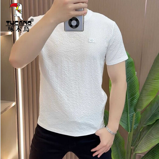 啄木鸟（TUCANO）设计师款夏季冰丝肌理感绣标圆领男士短袖时尚半袖百搭轻奢舒适款 1105白色 M 80-105斤
