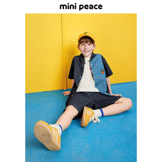 MiniPeace Sesame Street co-branded Peacebird children's clothing boys' comfortable denim shirt jacket short-sleeved summer dress denim dark blue 140