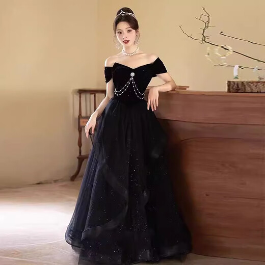 AIFANGNIAO high-end French dress women's banquet evening dress one-shoulder host light luxury niche adult ceremony student art test skirt black L
