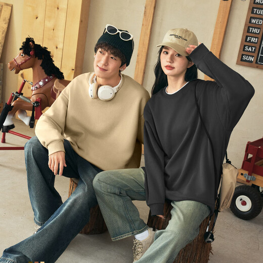 Jeanswest sweatshirt men's spring and autumn trendy brand loose large size men's hooded heavy top men's round neck long-sleeved jacket trendy gray bean green (Mao Xiaoman) L (175) (Priority for collection and purchase)