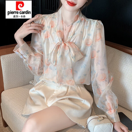 Pierre Cardin [3524 Kollektionen] Bug gespleißte langärmelige Chiffonhemd für Frauen Frühling 2025 Spring neues Hemd, damit sie schlanker Bildfarbe aussehen lassen (100 Jin [Jin gleich 0,5 kg])