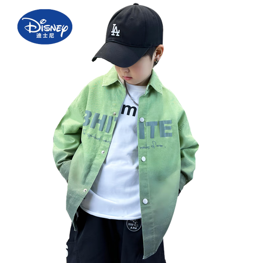 Disney boys gradient jacket spring and autumn 2025 new children's autumn shirt pure cotton medium and large children's shirt thin handsome green 140 cm