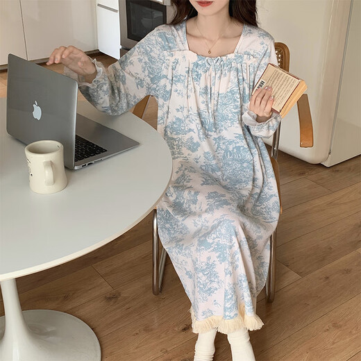 梦鸾带胸垫睡裙女款春秋季甜美长袖郁金香睡衣碎花宽松大码夏天家居服 1105 水墨花 M