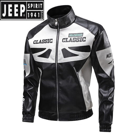 JEEP SPIRIT2025新款男士痞帅机车赛车服摩托车骑行PU皮夹克春秋防风皮衣外套 黑色【688】 3XL 【185-205斤】