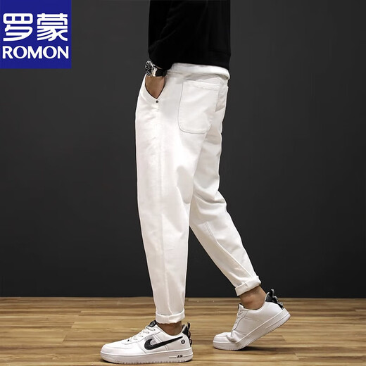 罗蒙（ROMON）春秋大码白色牛仔裤男潮牌宽松弹力长裤韩版潮流男裤哈伦休闲裤子 CJXX806白色 29 适合115斤左右