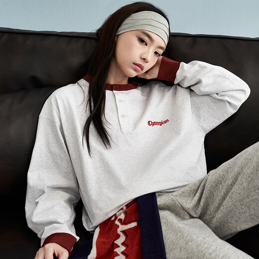 Champion long-sleeved T-shirt men's color-blocked Henry collar bottoming shirt pure cotton top women's twist gray L